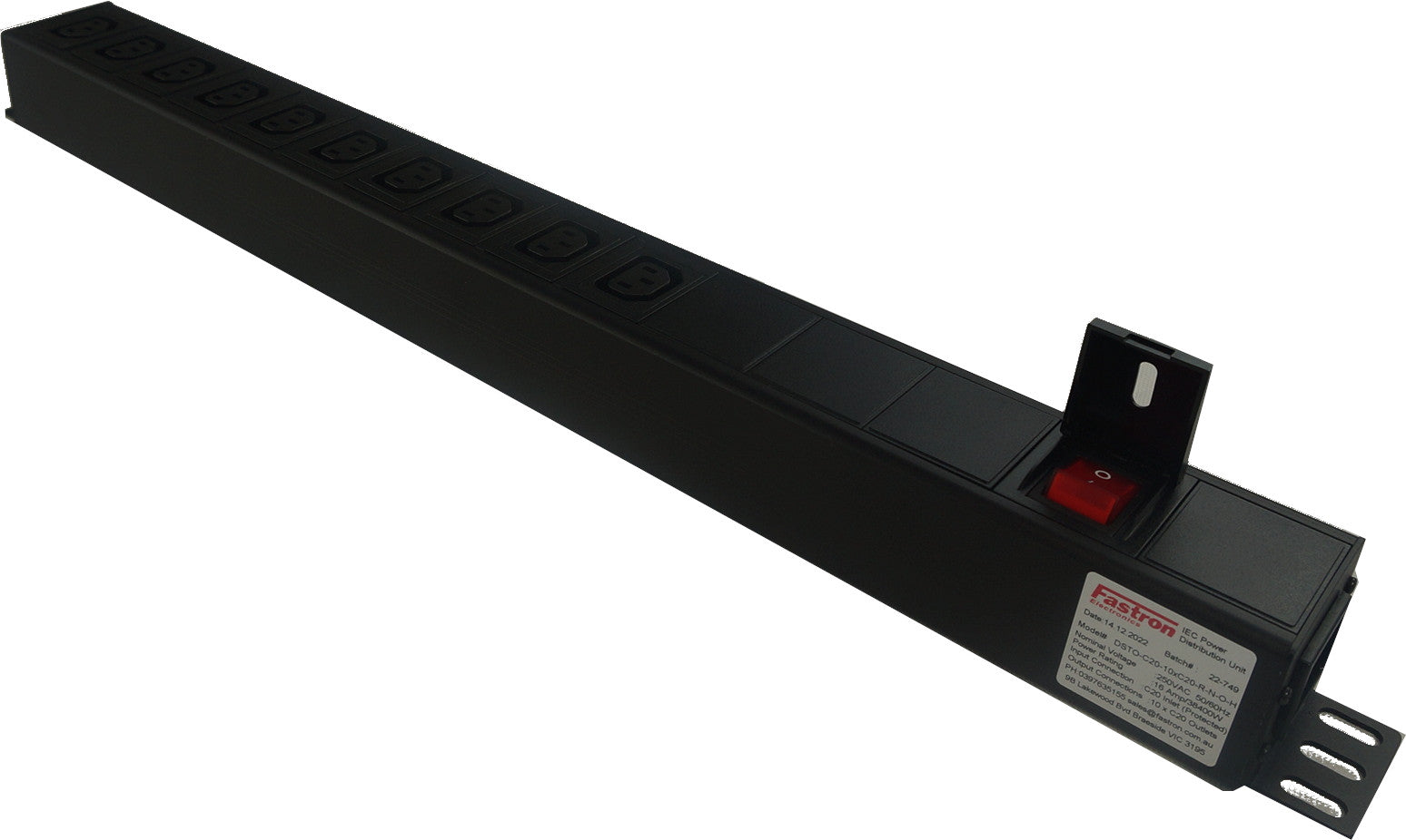 DSTO-C20-10F-R-N-O-H, Distribution Unit with IEC Inlet C20 to 10 x F/C13 Outlet, 240VAC @ 16 Amp with Rocker Switch, Rear Mounted with Wings,  MOQ = 10pcs (If not in stock) DSTO-C20-10F-R-N-O-H, Distribution Unit with IEC Inlet C20 to 10 x F/C13 Outlet, 240VAC @ 16 Amp with Rocker Switch, Rear Mounted with Wings,  MOQ = 10pcs (If not in stock)